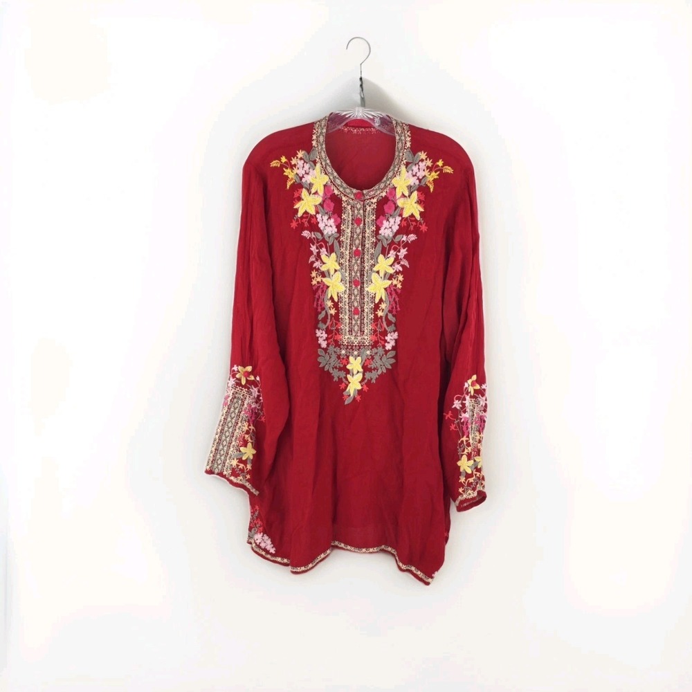 JOHNNY WAS LILIANA EMBROIDERED TUNIC/TOP RED FLORAL BOHEMIAN XXL Style C26419-7